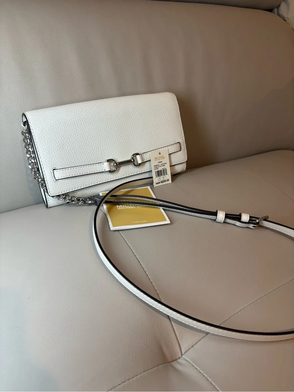 MICHAEL Michael Kors Optic White Leather Crossbody Clutch with Silver Chain